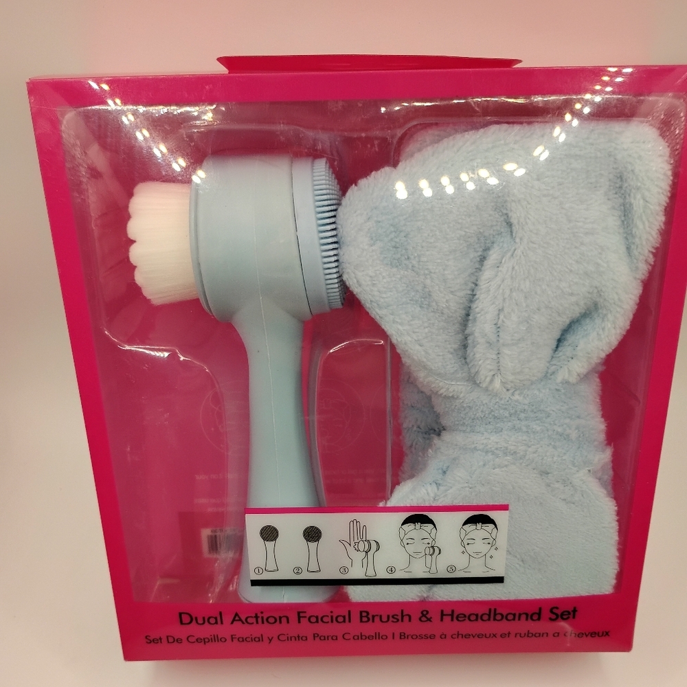 Dual-Action Facial Cleansing Brush & Plush Headband - Light Blue
